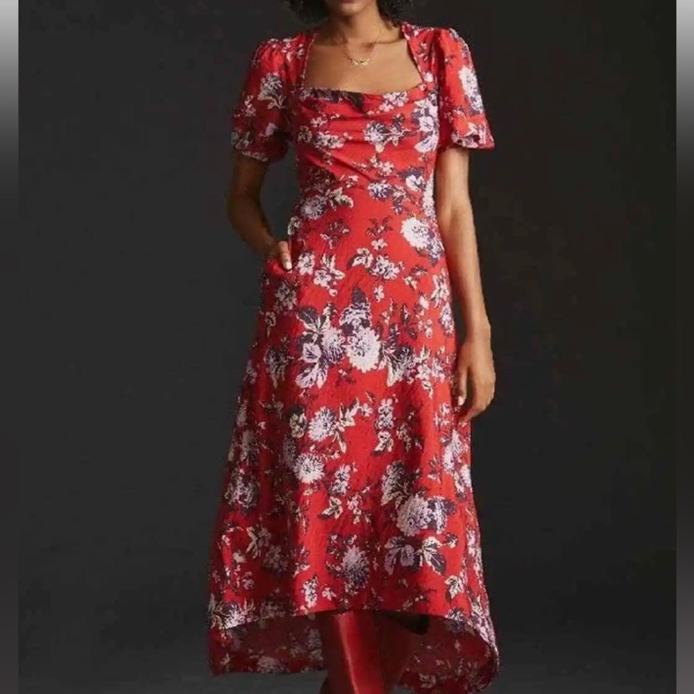 Anthropologie Maeve red floral puff sleeve maxi dress size 8